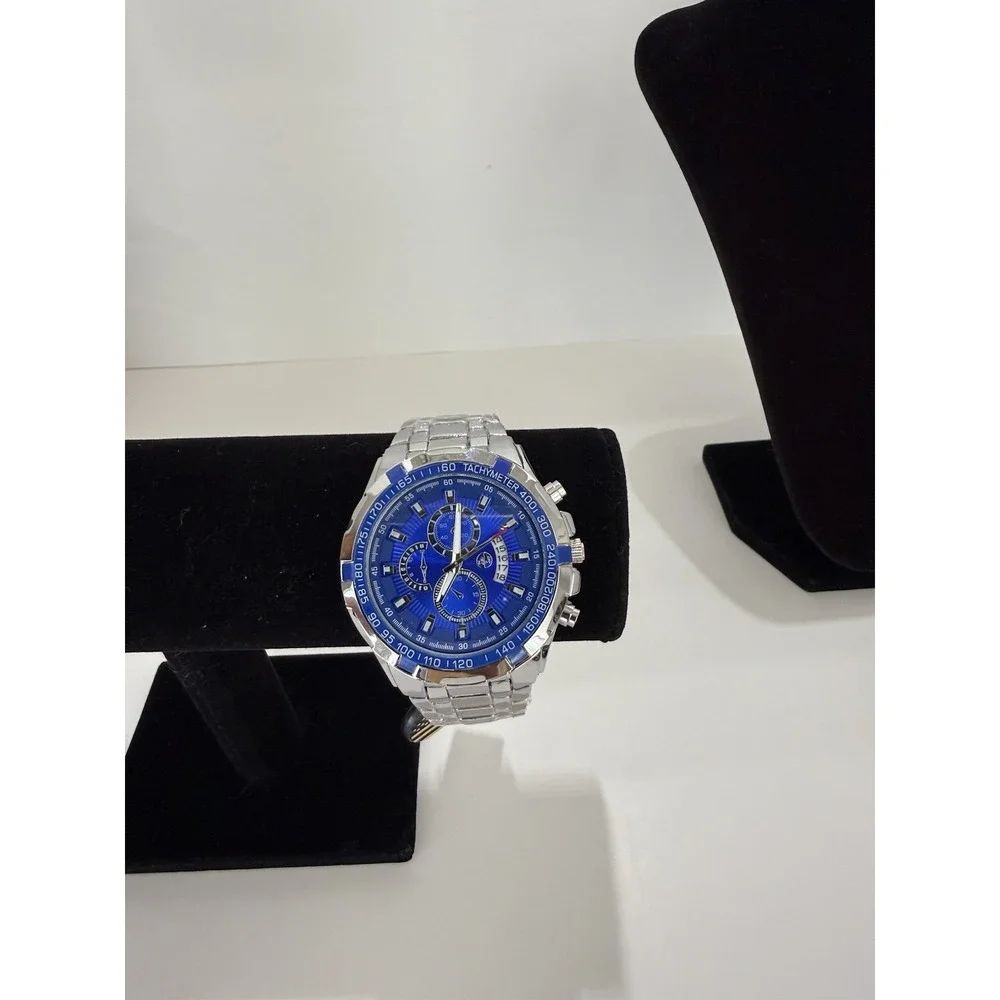 AJ Brand Silver Men's Chronograph Watch Blue Dial stainless steel band